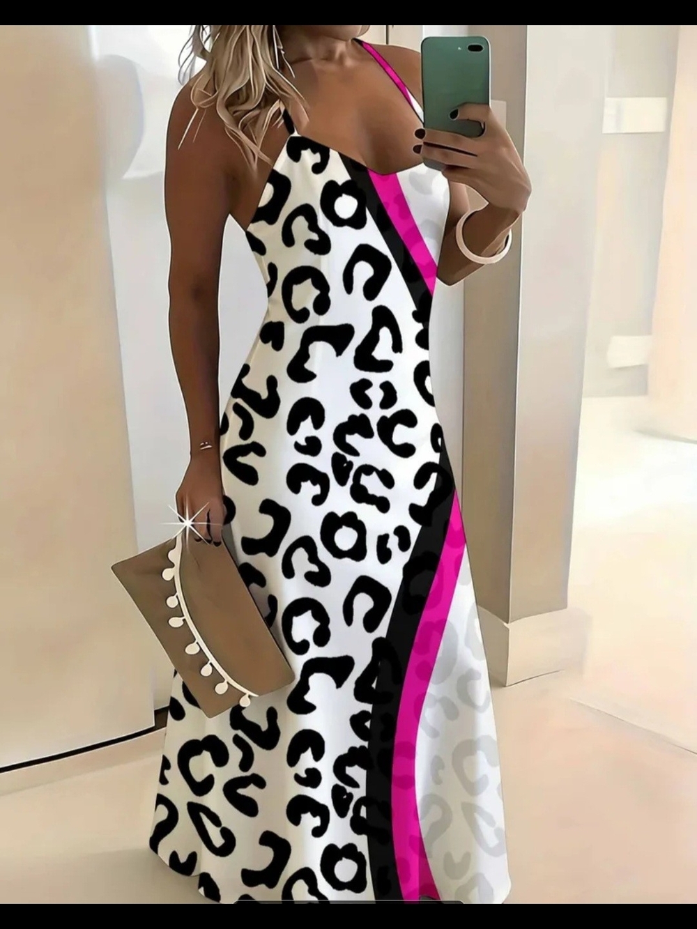 Leopard Print Maxi Dress with Pink Stripe
